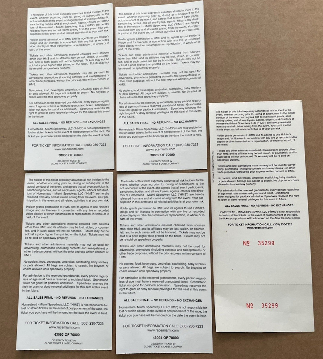 Vintage MIAMI 300 / PENNZOIL 400 Ticket Stubs 5pcs Homestead Speedway