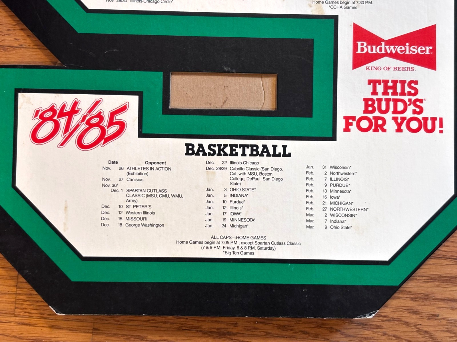 1984-85 Michigan State Spartans Sports Schedule Cardboard Countertop Display