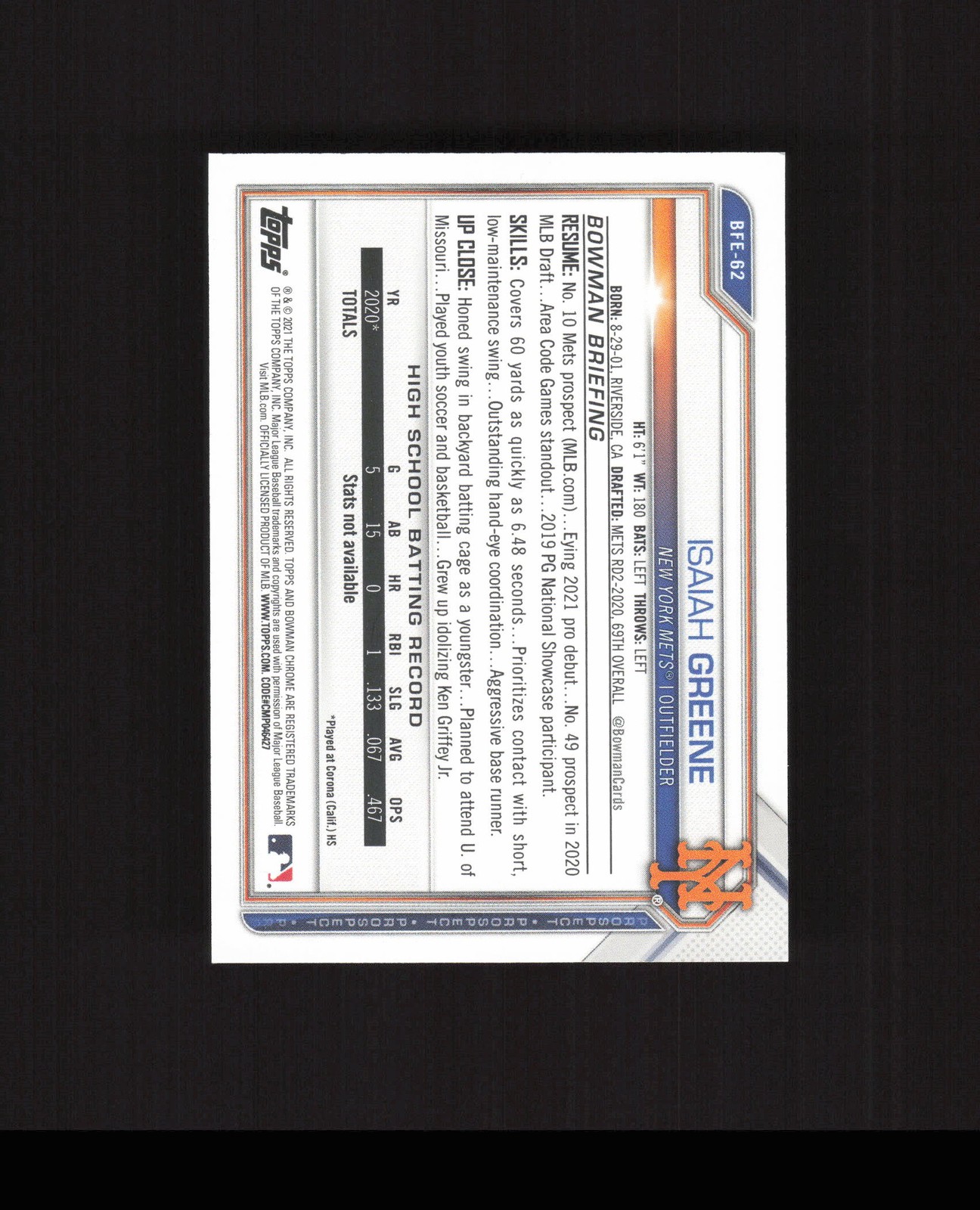 2021 Bowman 1st Edition #BFE-62 Isaiah Greene Baseball Card New York Mets