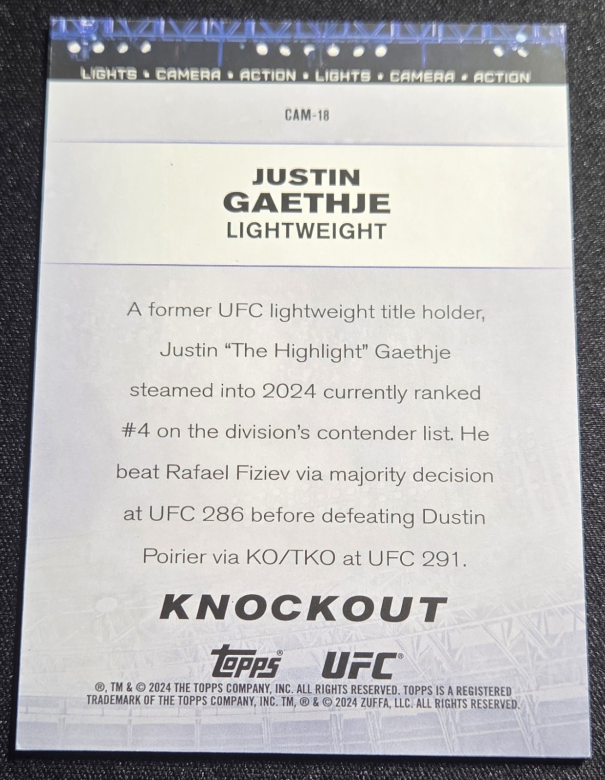 Justin Gaethje Lights Camera Action Insert 2024 Topps UFC Knockout Blue /50