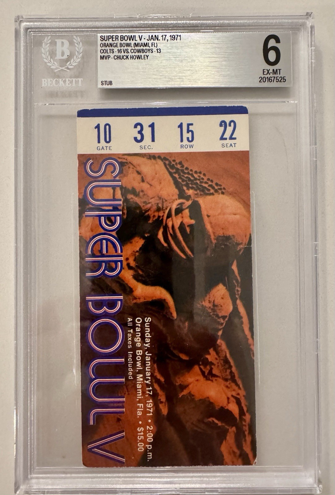 1971 Super Bowl V Ticket Stub Beckett 6 EX-MT Colts Cowboys MVP Howley