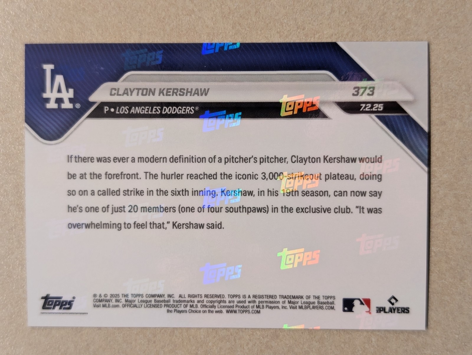 2025 Topps Now #373 – Clayton Kershaw #373 3K Strikeouts Dodgers