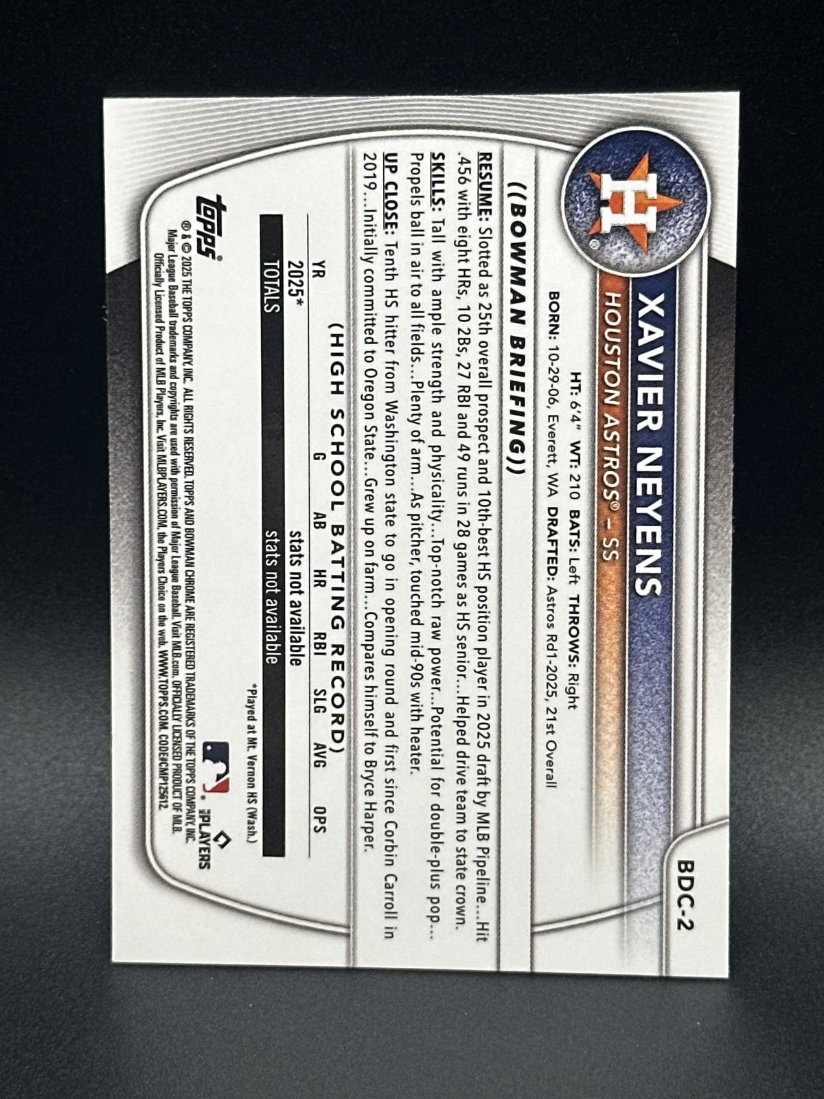 2025 Bowman Draft #BDC-2 Xavier Neyens Chrome