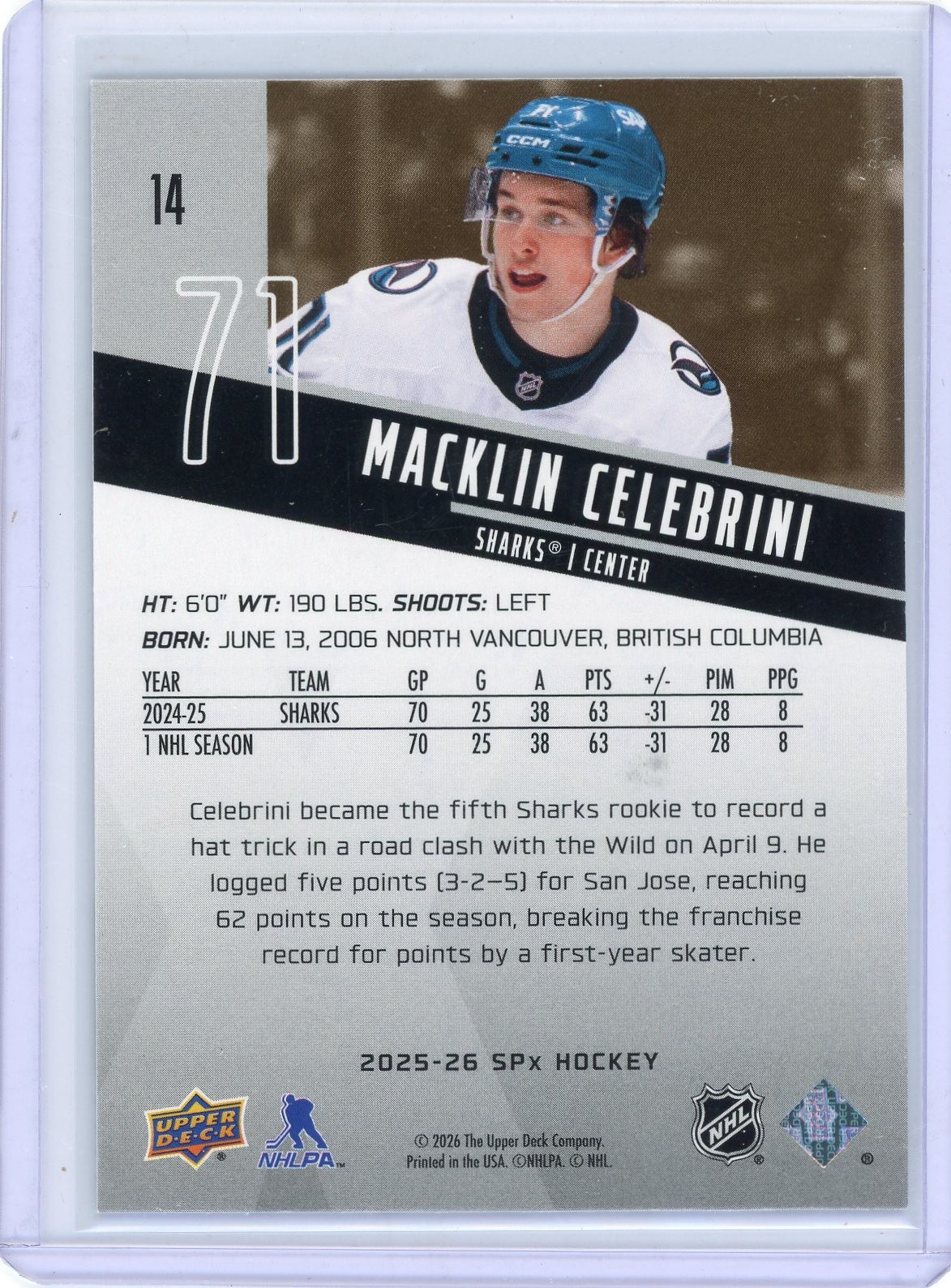 Macklin Celebrini 2025-26 SPx #14 –