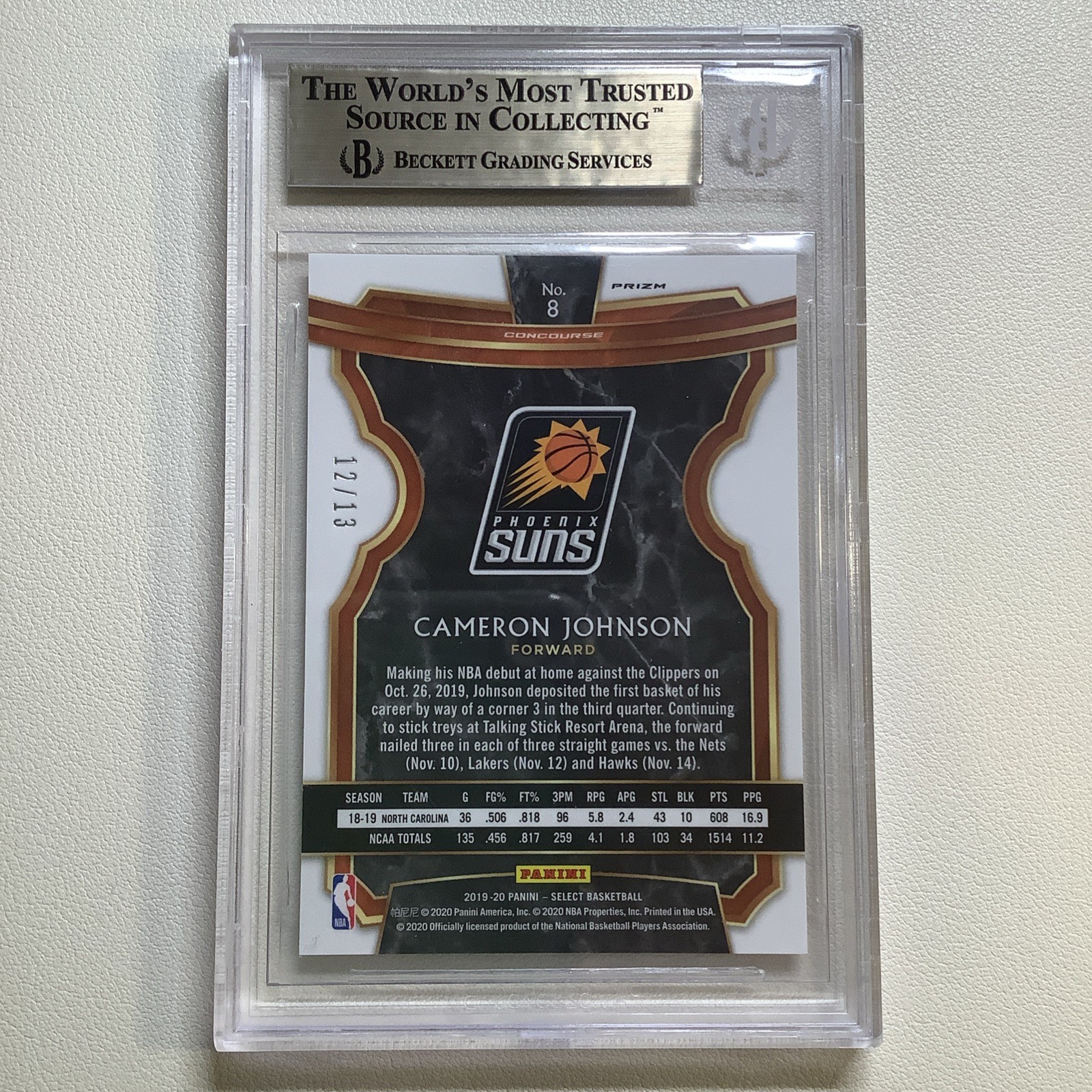 2019-20 Select Cameron Johnson RC Neon Orange Pulsar Prizms FOTL /13 BGS 9.5