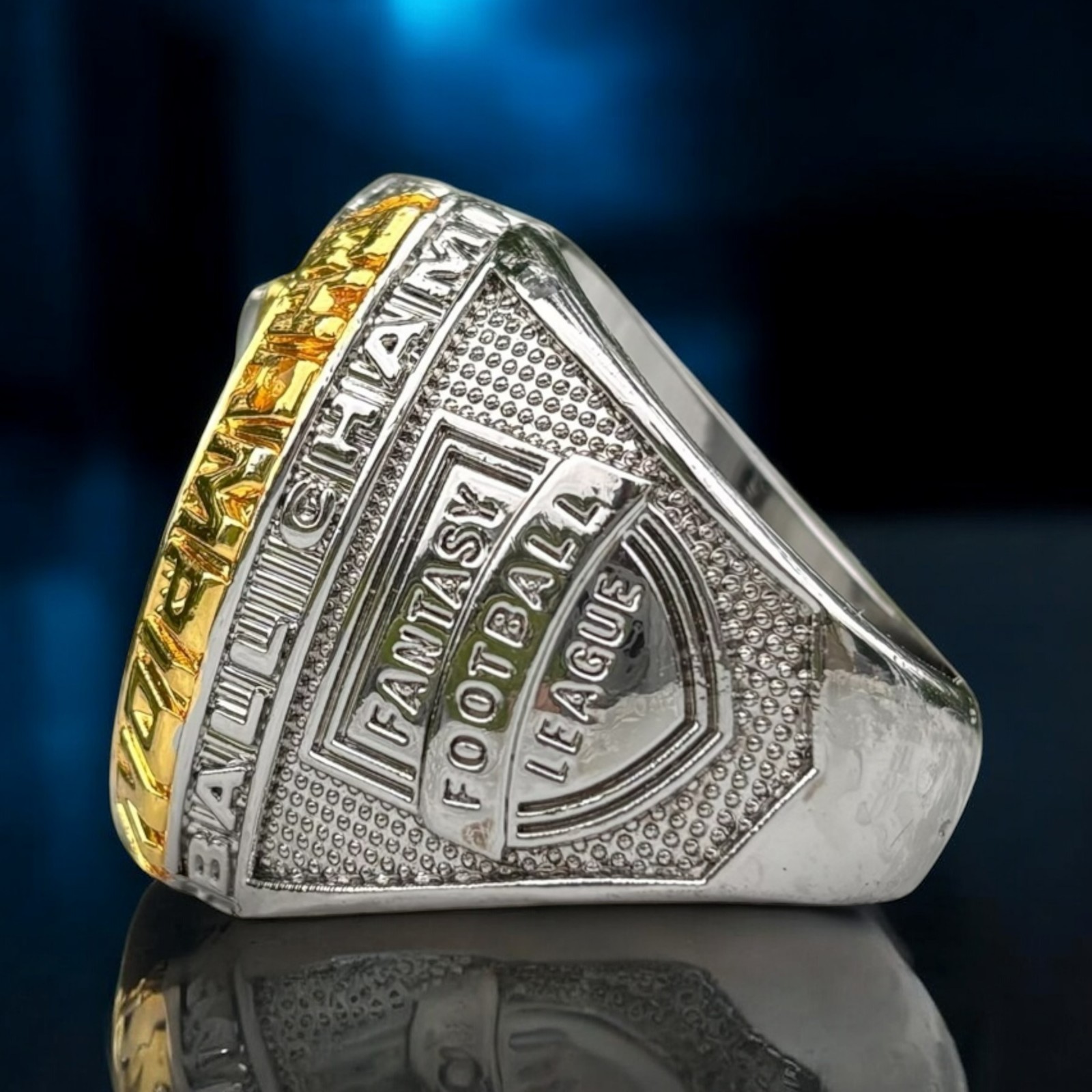 2025 Fantasy Football Championship Ring Gold + Silver Tone Light Blue stones