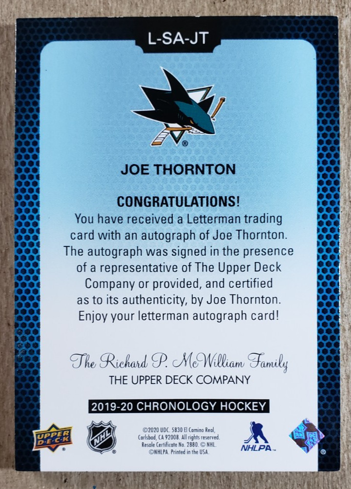 2019-20 Upper Deck Chronology Letterman Gold Joe Thornton Auto /10 Sharks