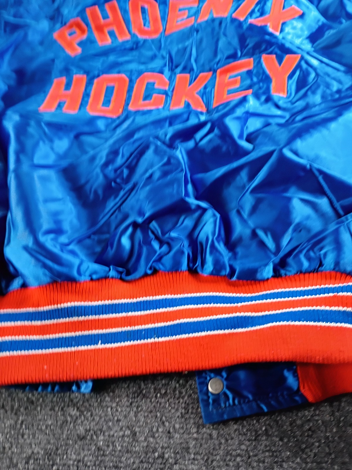 VTG DeLONG Sportswear Phoenix Hockey Satin Snap Jacket Blue/Orange/White Size L