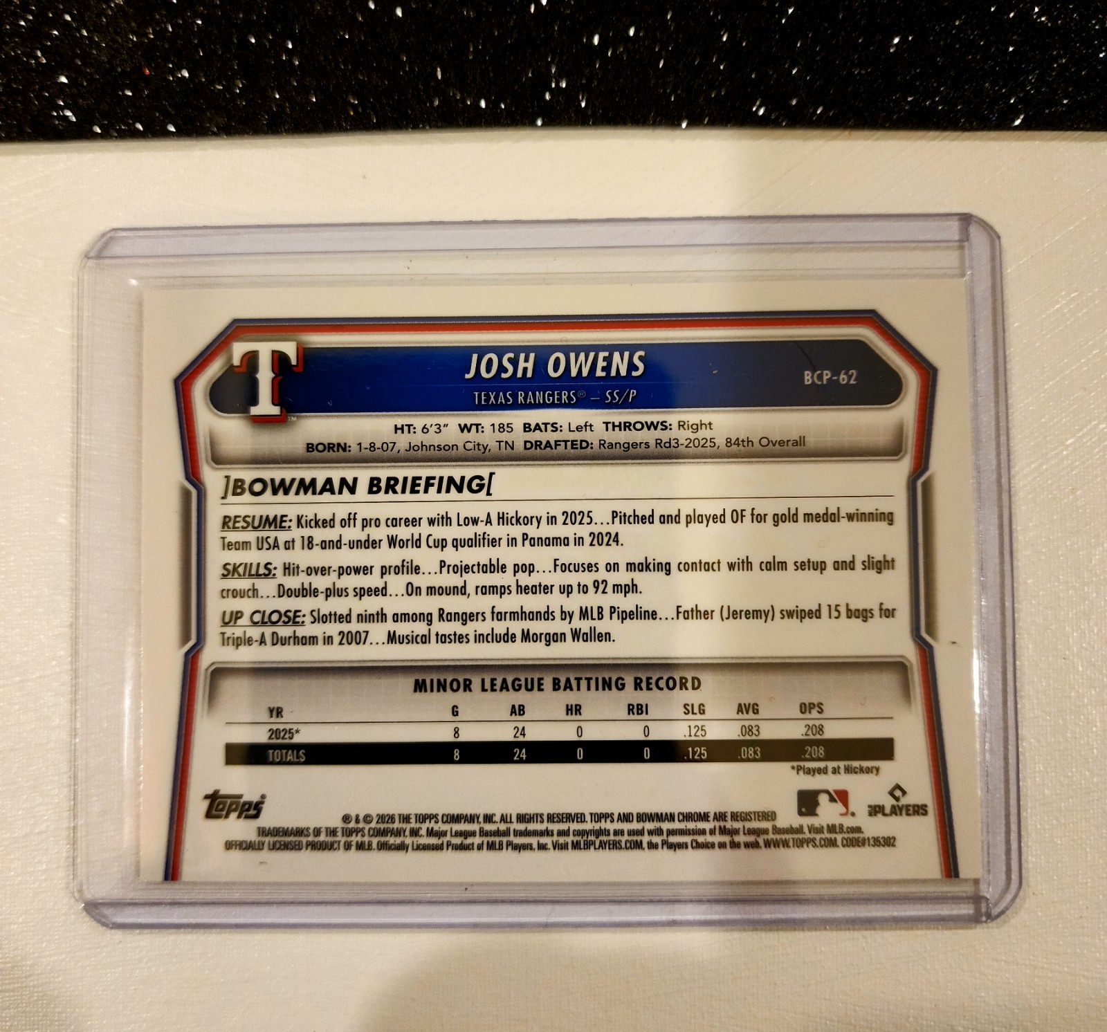 Bowman 2025 Draft Josh Owens Texas Rangers Purple Parallel #BDC-119 /250 ⚾️