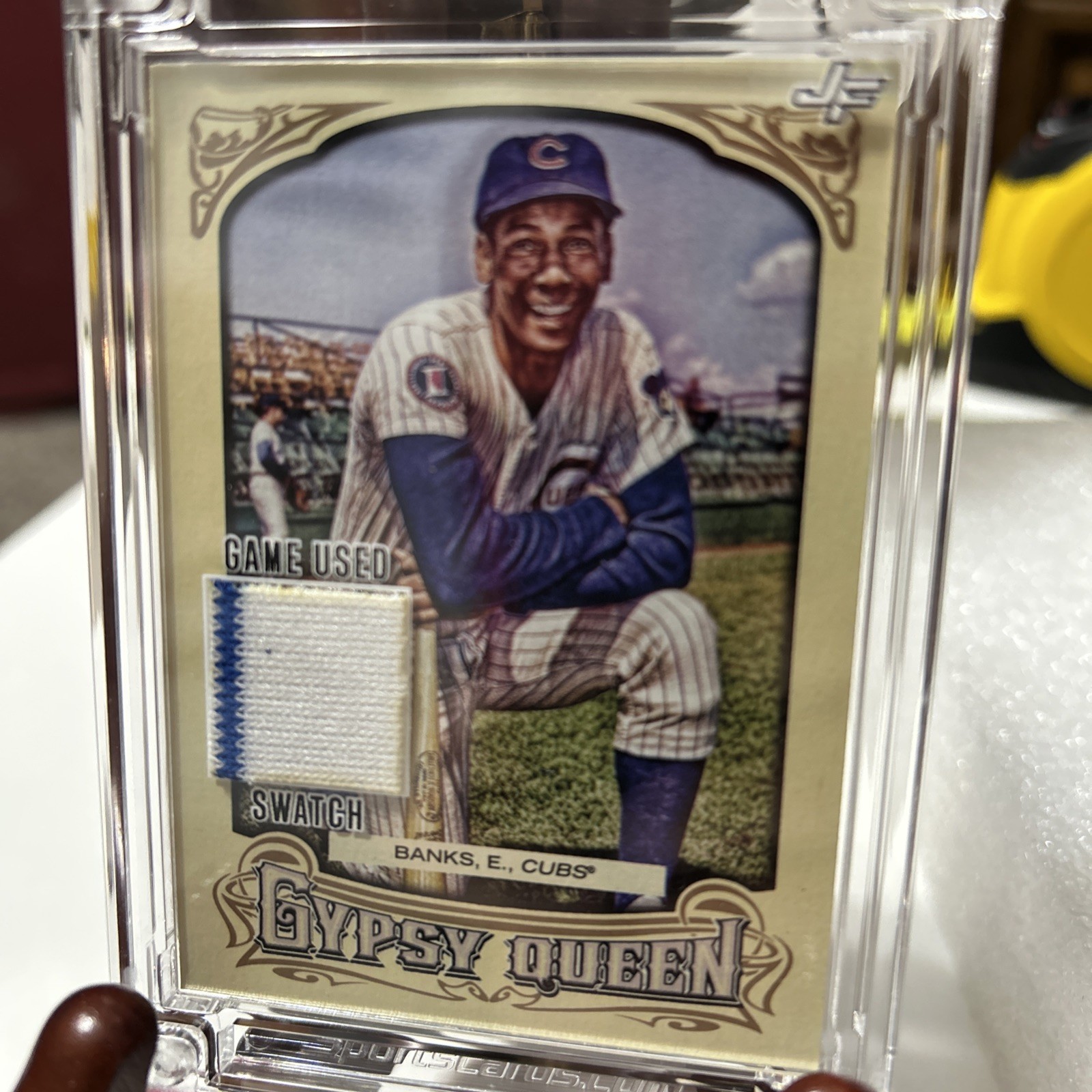 1990s Ernie Banks (Cubs) Game Worn Uniform Swatch, Sports Cards Gypsy Queen