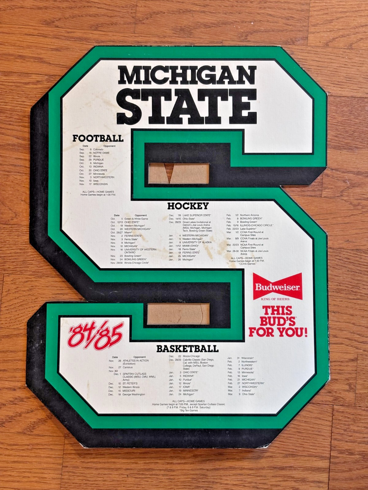 1984-85 Michigan State Spartans Sports Schedule Cardboard Countertop Display