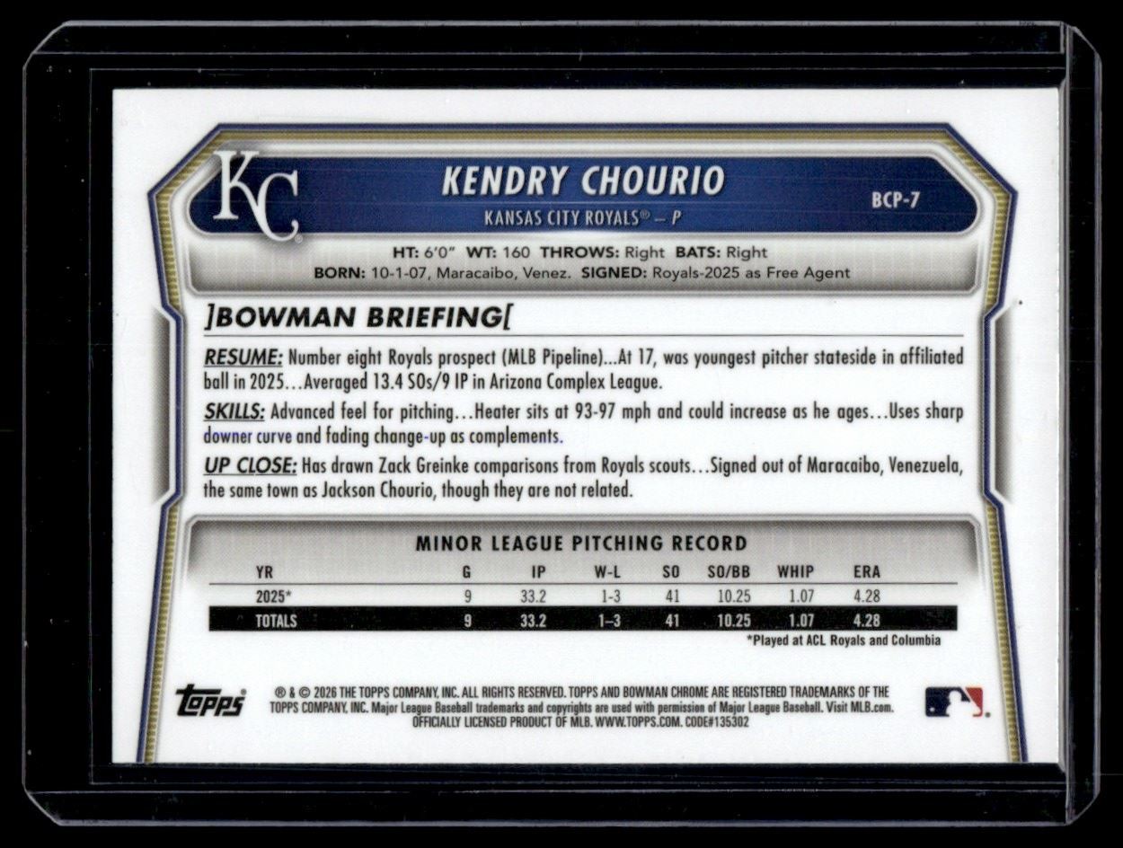 KENDRY CHOURIO 2026 BOWMAN CHROME SAPPHIRE #BCP-7 YELLOW REFRACTOR 26/75
