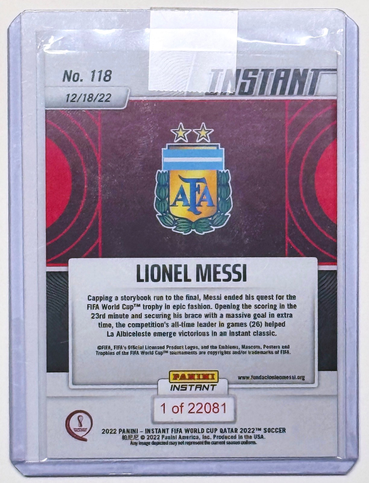 LIONEL MESSI GETS HIS CROWN KING OF QATAR PANINI INSTANT FIFA WORLD CUP CARD 118