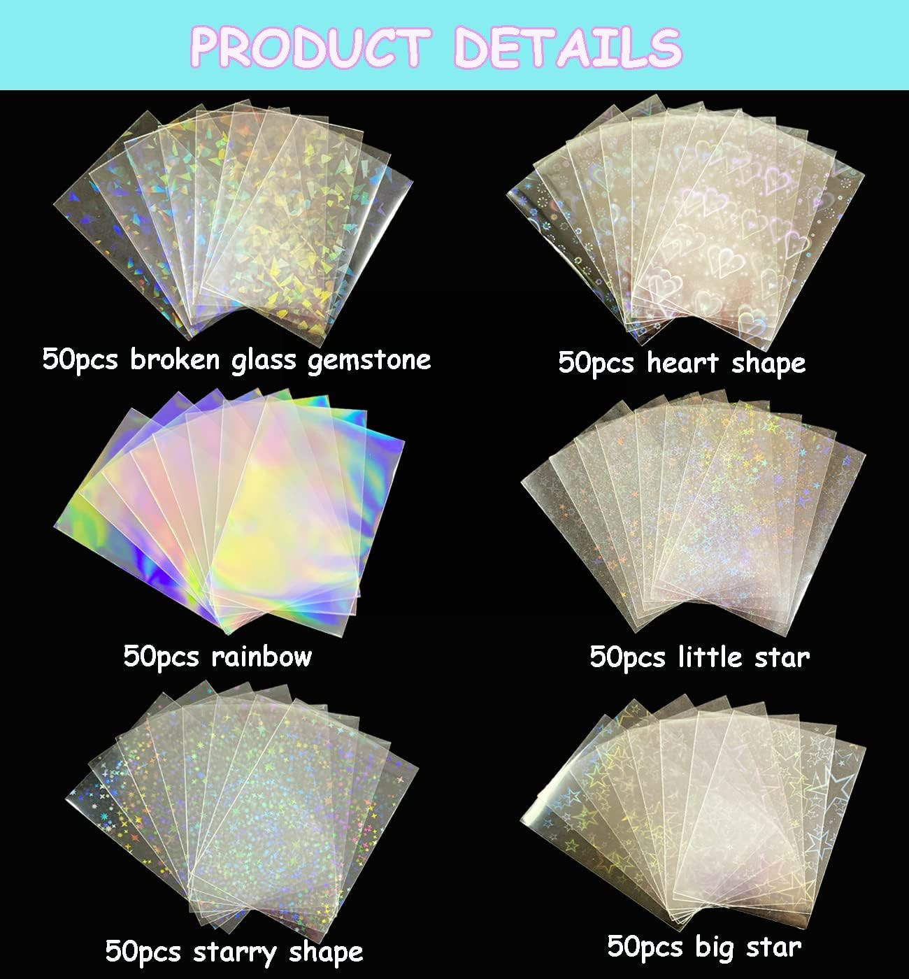 300 Pcs Kpop Photocard Sleeves Laser Flashing Card Sleeves Heart Star Glass Gems