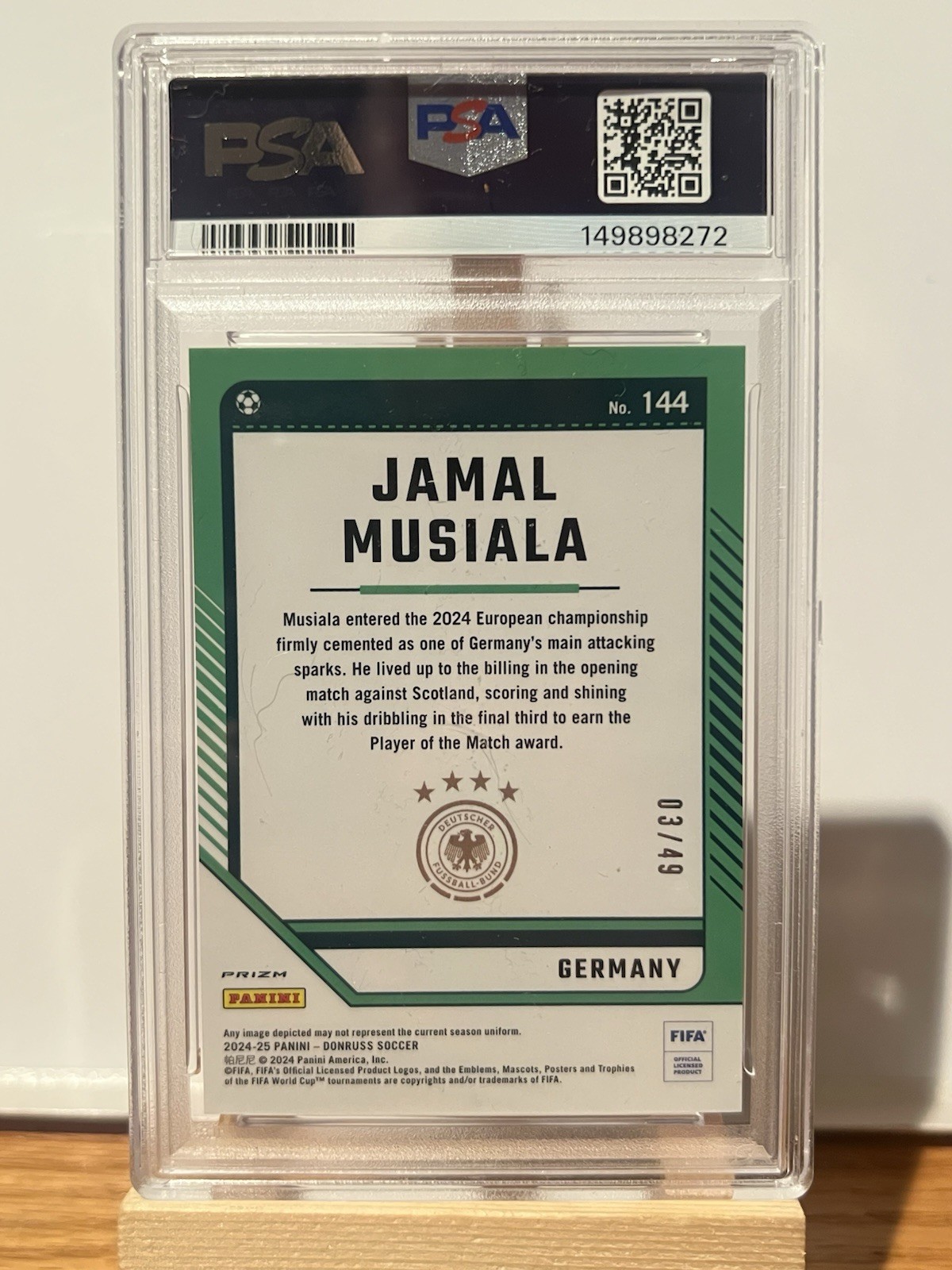 2024-25 Panini Donruss FIFA Jamal Musiala Optic Teal Mojo /49 #144 PSA 10