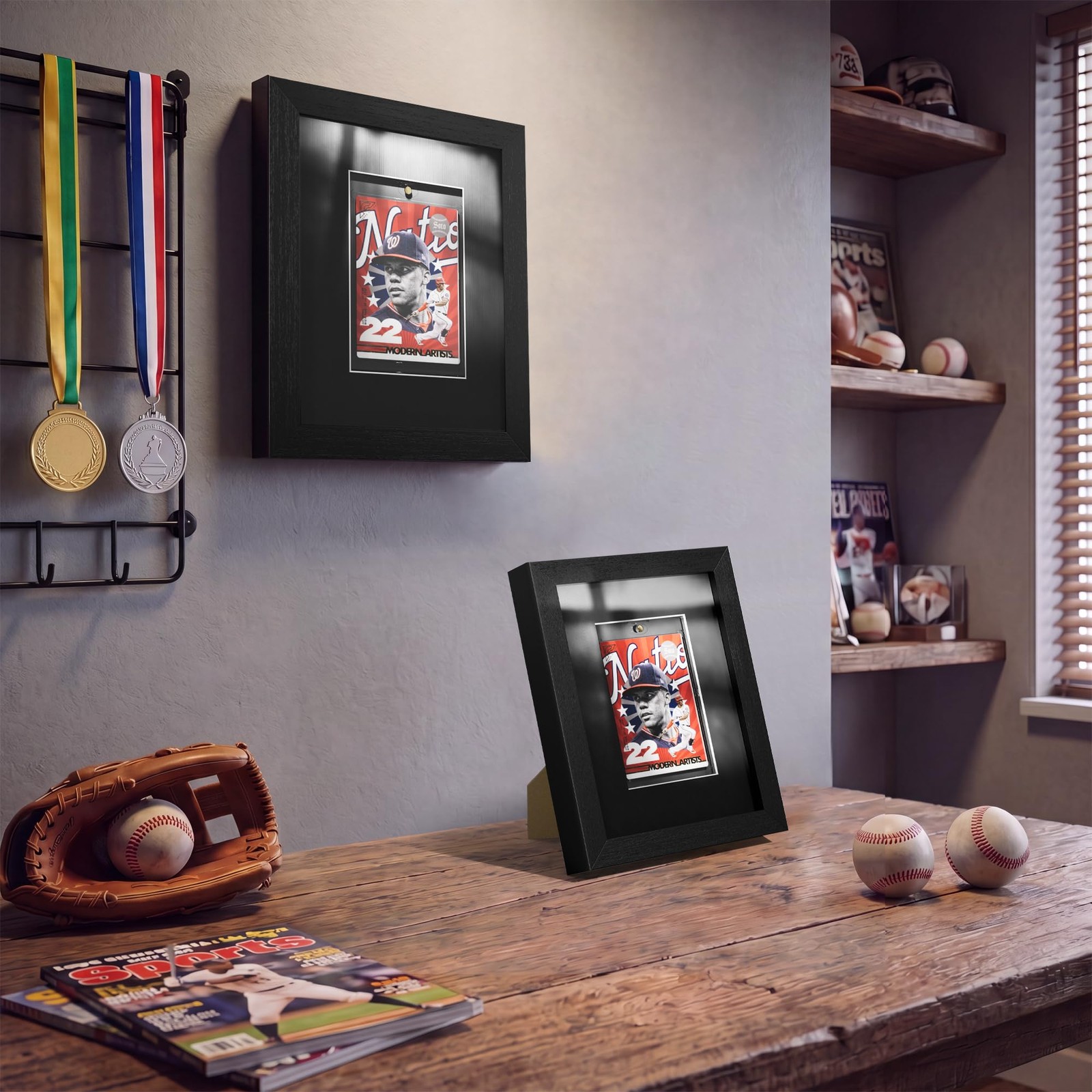 Trading Card Display Frame Wood Tempered Glass Wall Tabletop 6×8 Black 1 Card