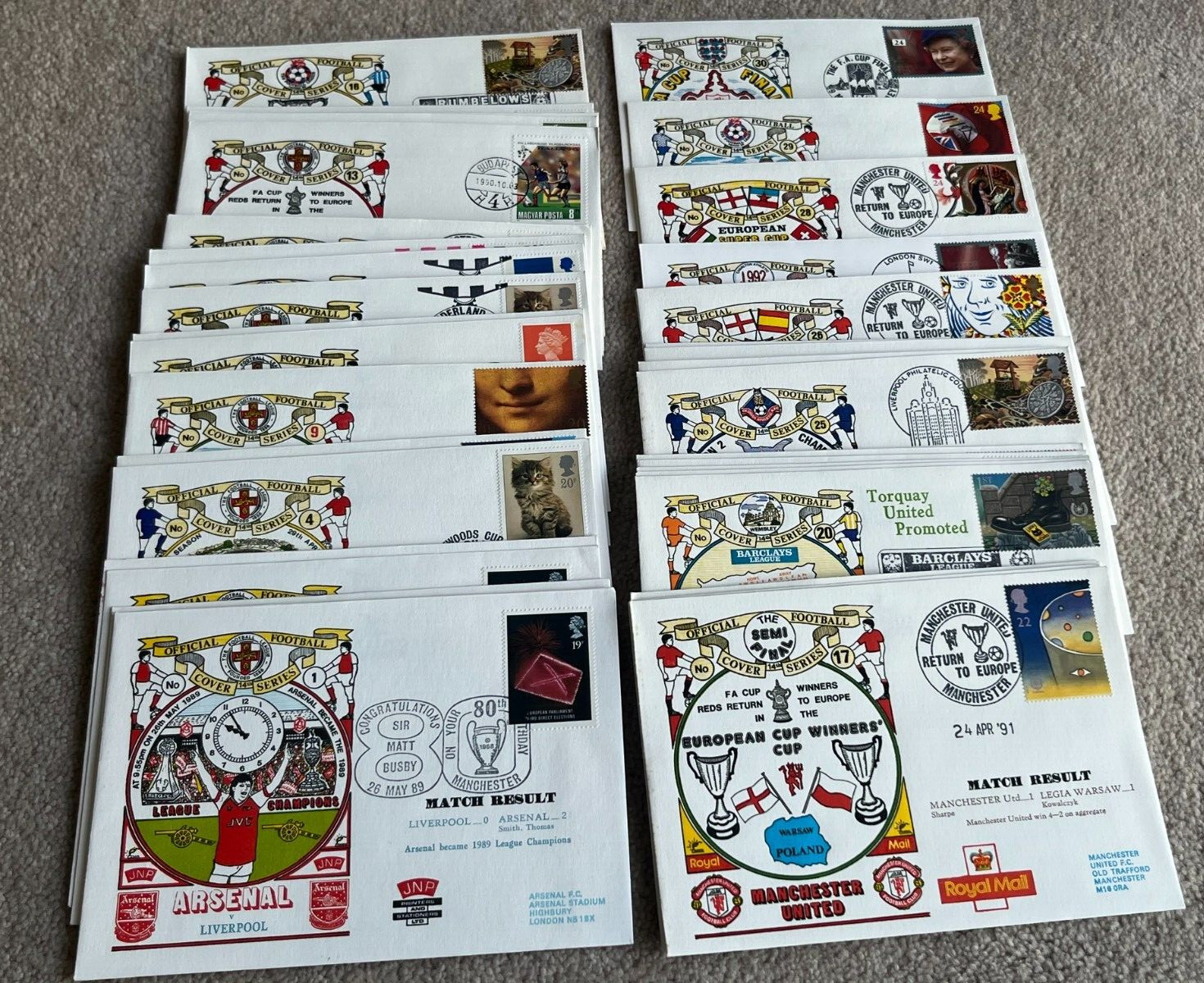 38 Official Football Cover Series First Day Postal Covers by Dawn 14th 1989-1992
