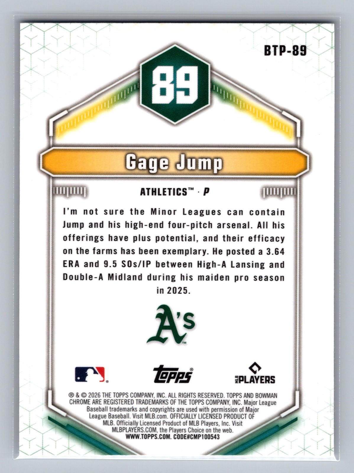 2026 Bowman Chrome Bowman Scouts Top 100 GAGE JUMP #BTP-89 Oakland Athletics