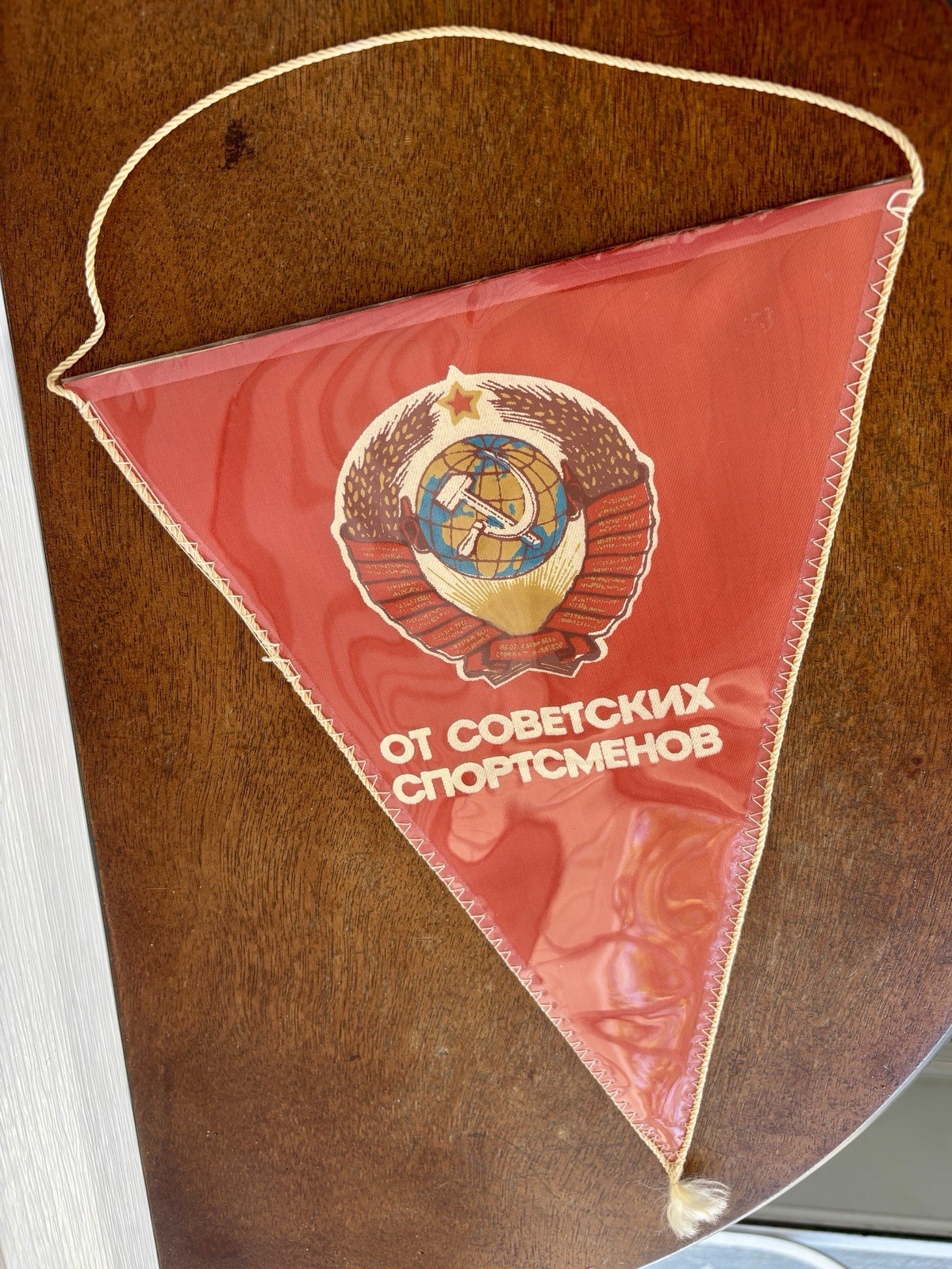 Vintage Moscow Olympic Games 1980 Athlete Exchange Pennant Triangular Banner Red