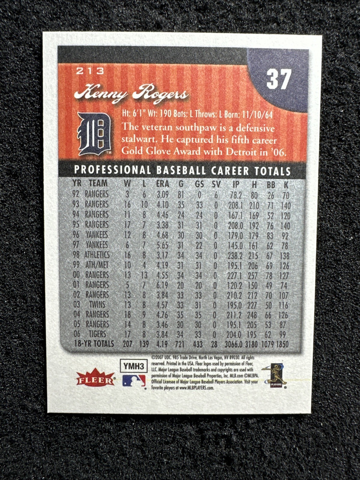 KENNY ROGERS #213 2007 Fleer Baseball QTY Detroit Tigers