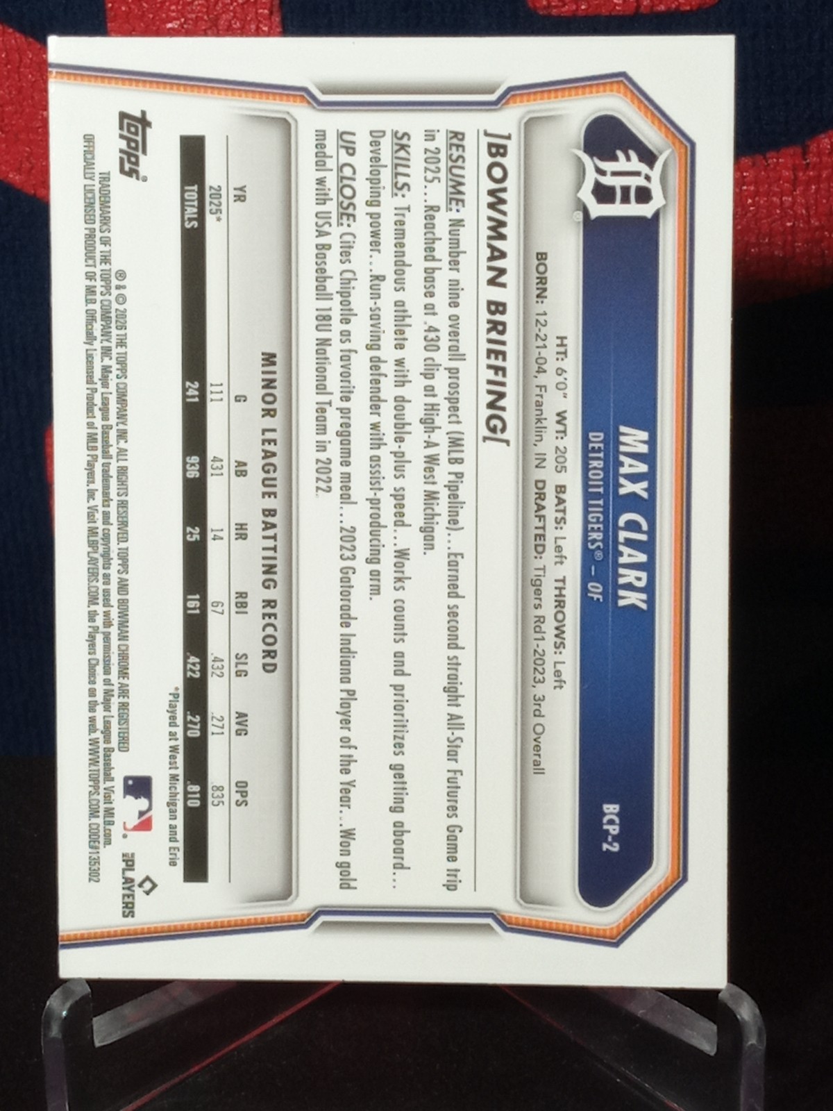 2026 Bowman Chrome Max Clark #BCP-2 Lava Refractor 241/399 Detroit Tigers
