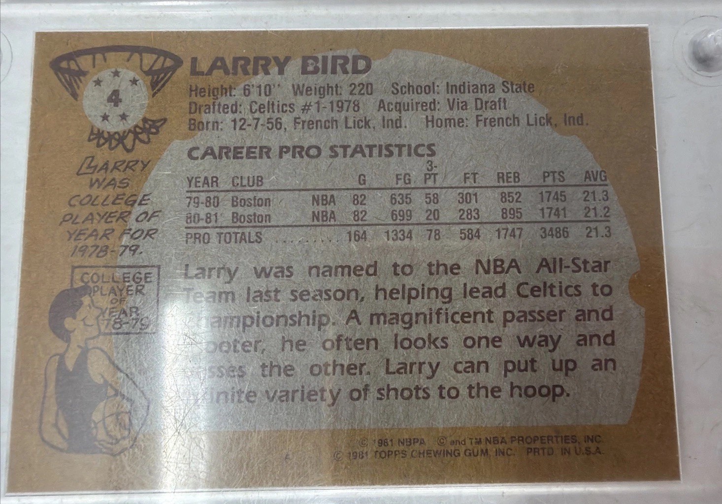 Topps 1981 Larry Bird #4 Boston Celtics Base Set Card /Screw Down Case