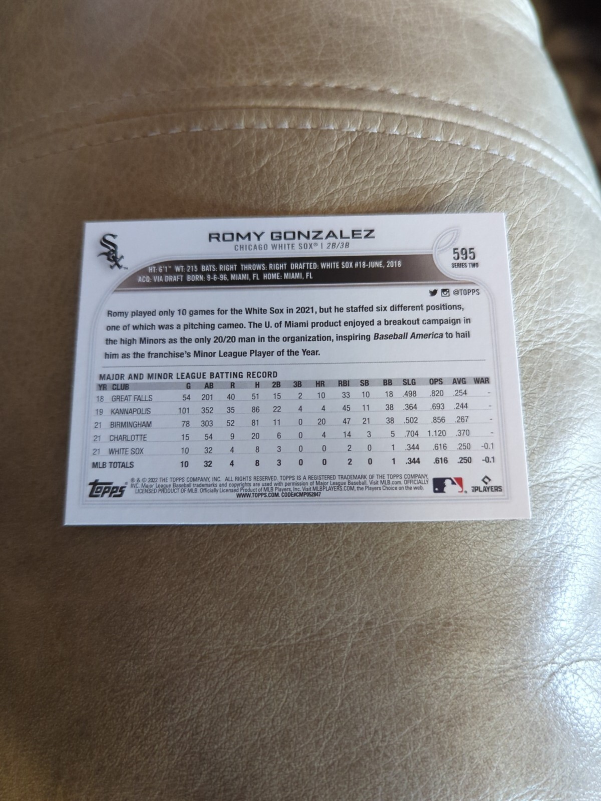 2022 Topps Series 2 – Rookie Card – Romy Gonzalez #595 – Chicago White Sox