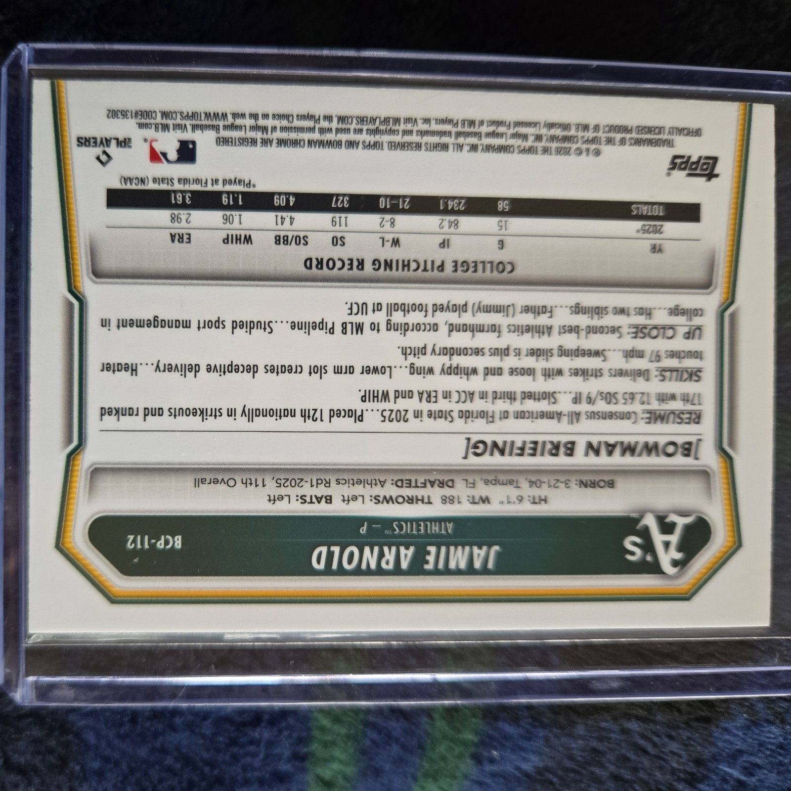 2025 Bowman Draft Jamie Arnold 1st Lazer Refractor #BDC-30 Athletics