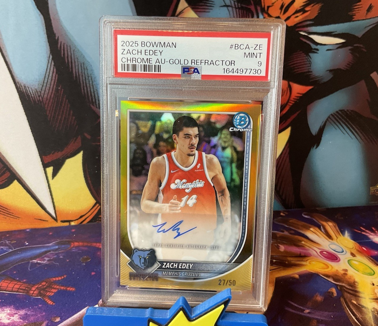 🔥2025 Bowman Chrome #BCA-ZE Autograph Gold Refractor 27/50 Zach Edey Psa9
