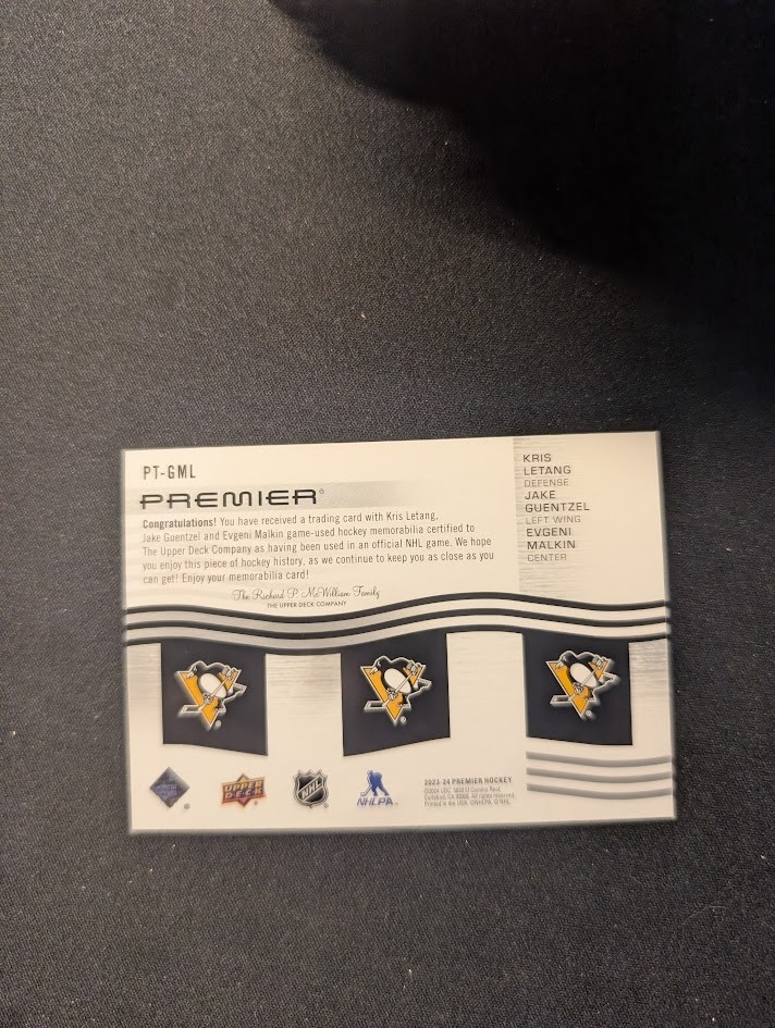 2023-24 Upper Deck Premier Triple Jersey PT-GML Letang Guentzel Malkin /49
