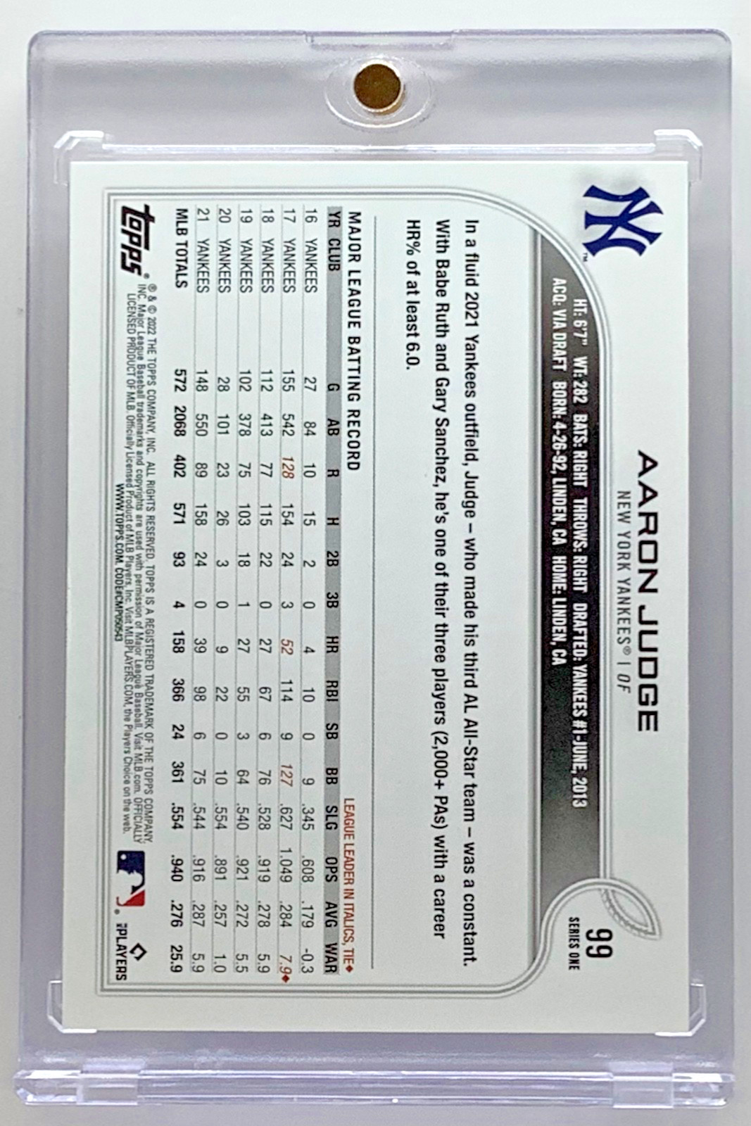2022 Topps #99 Aaron Judge New York Yankees W/FREE Magnetic Card Holder-Nice