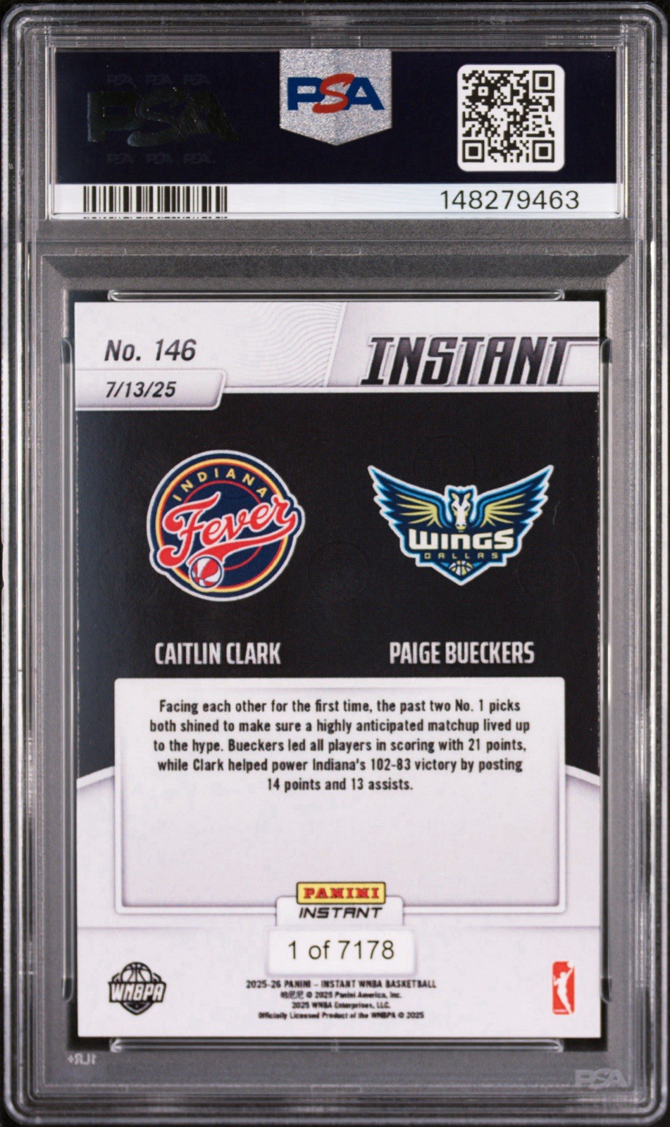 2025 Panini Instant WNBA 146 Caitlin Clark Vs Paige Bueckers Rookie RC PSA 10