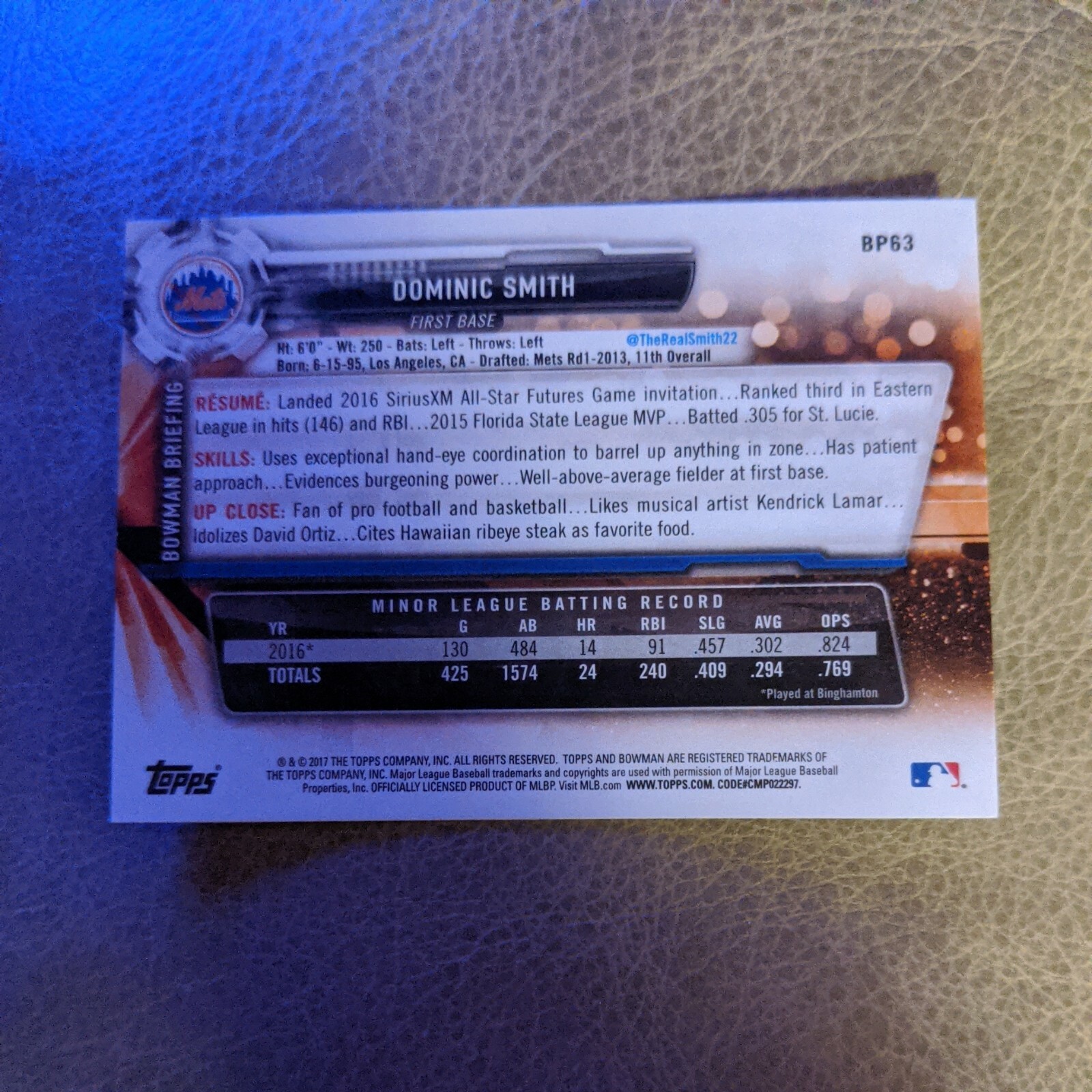 2017 Bowman Prospect Dominic Smith #BP63