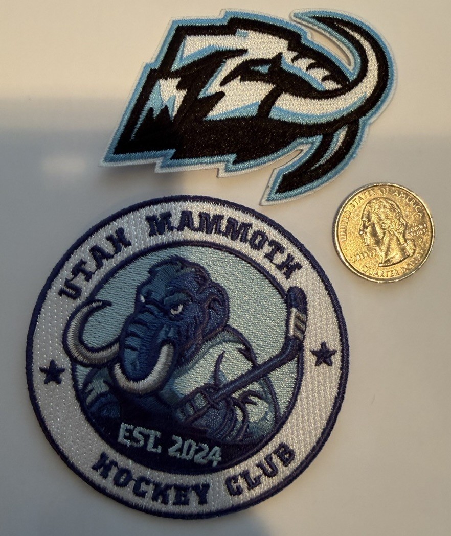 (2)-UTAH MAMMOTH EMBROIDERED IRON ON PATCHES 3”x 3”. & 3”x 2” BEAUTIFUL!