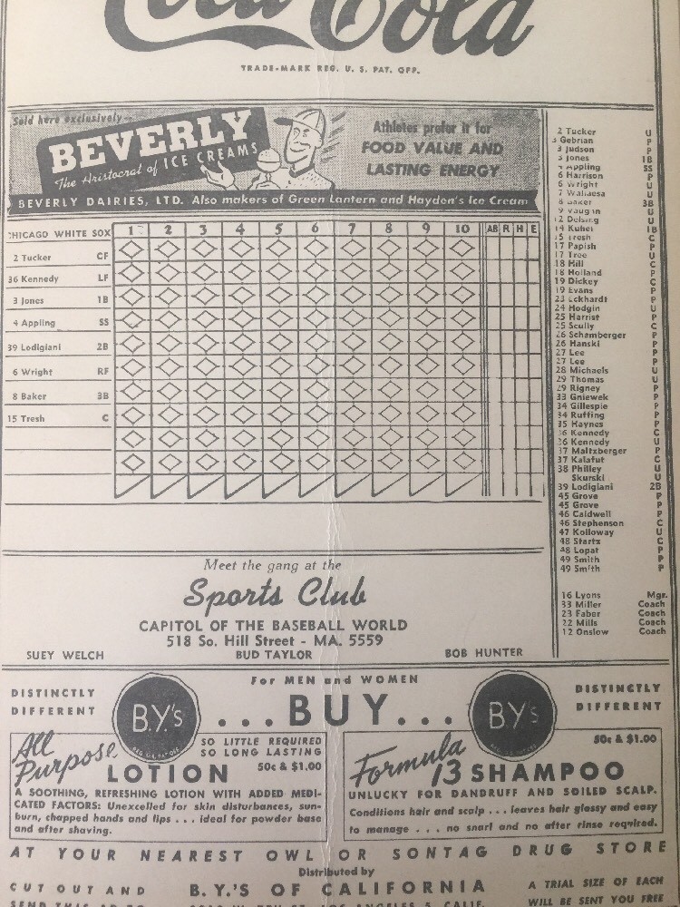 1947 Cleveland Indians vs Chicago White Sox At Wrigley LA Scorecard