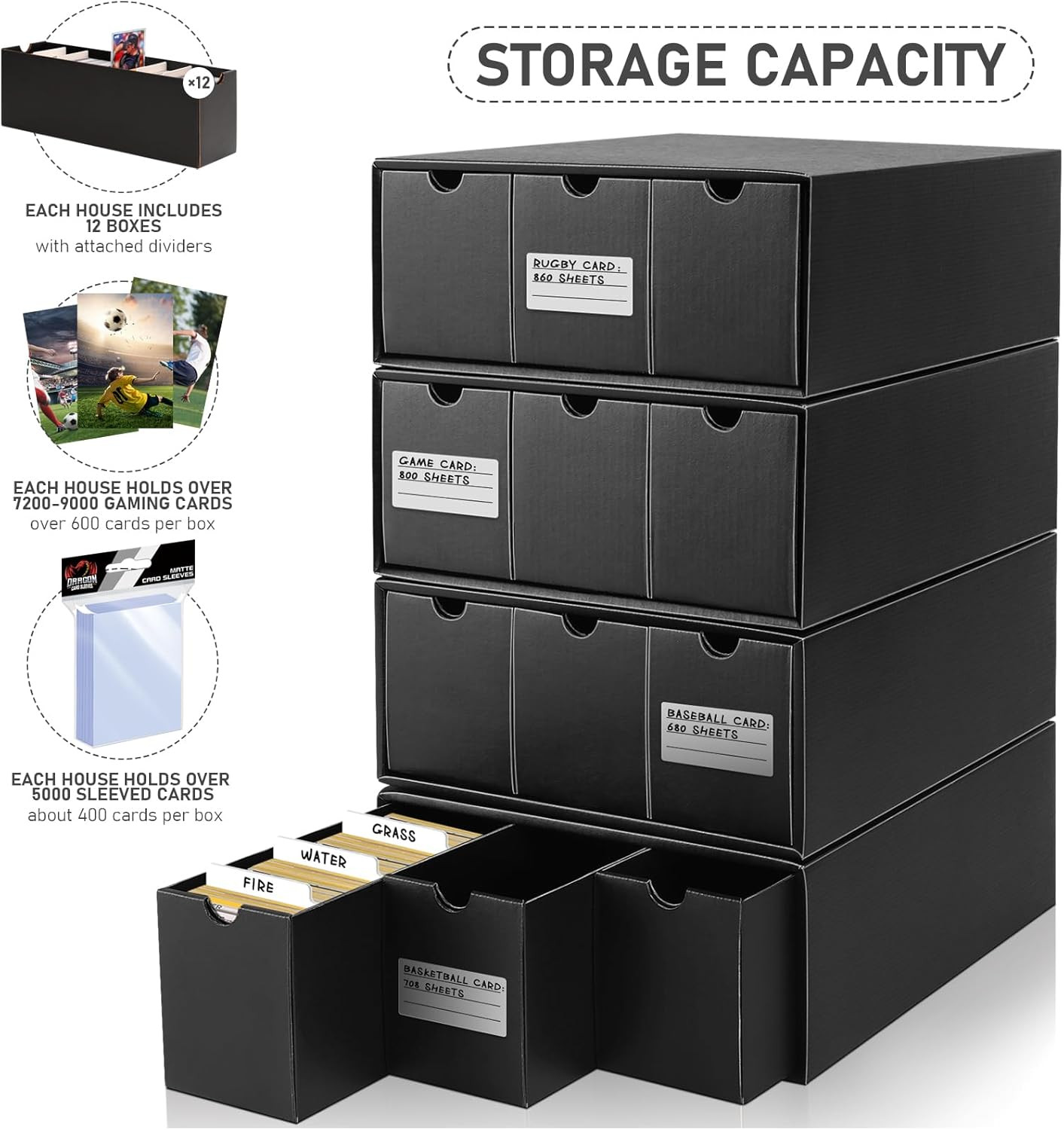 Homthy Trading Card Storage Box, Includes 12 Pack with 50 Card Dividers, Cardboa