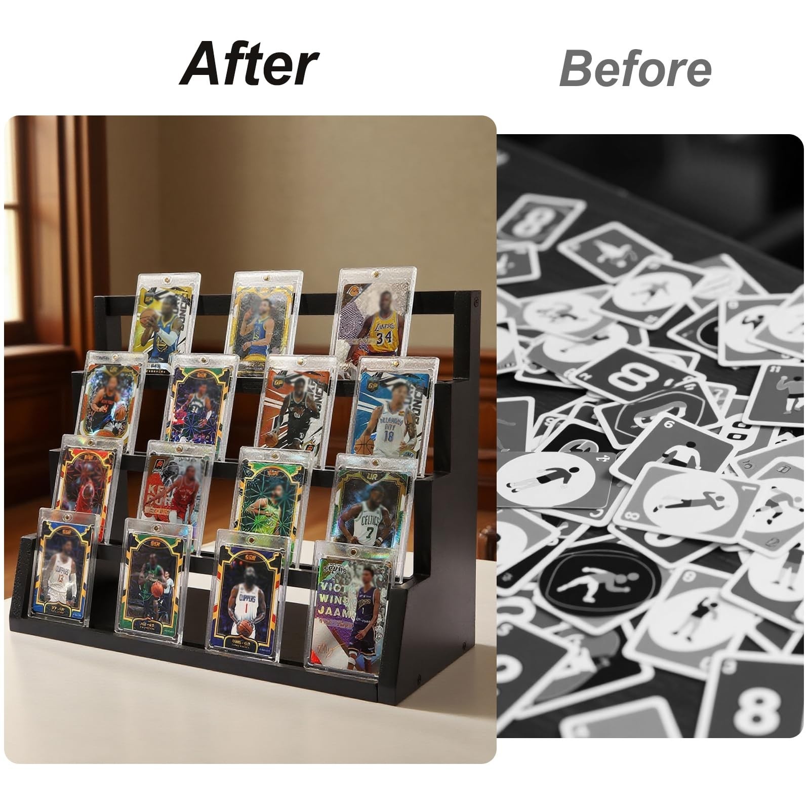 4-Tier Wooden Trading Card Display Case for Baseball & Football Collectibles, Sh