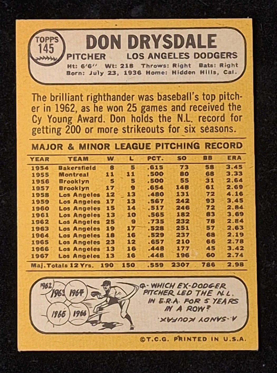 1968 Topps Don Drysdale #145 – HOF Well-Centered Near MINT NM LA Dodgers