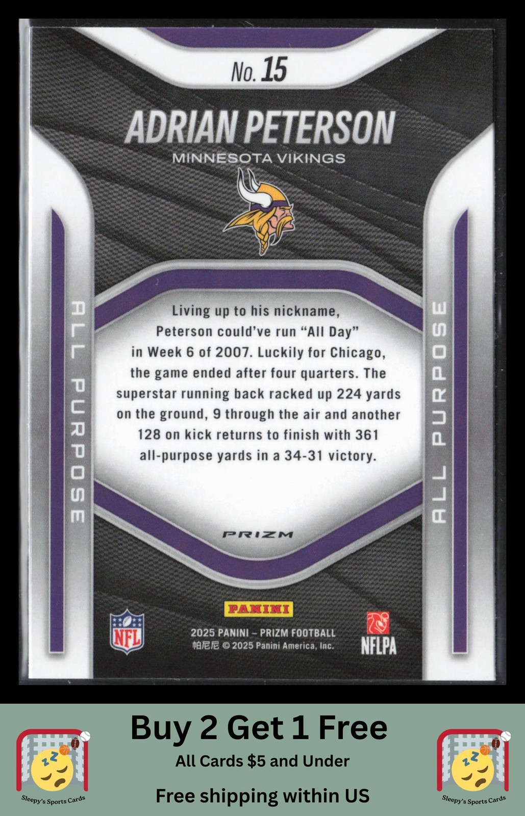 Adrian Peterson 2025 Panini Prizm #15 All Purpose Prizms No Huddle