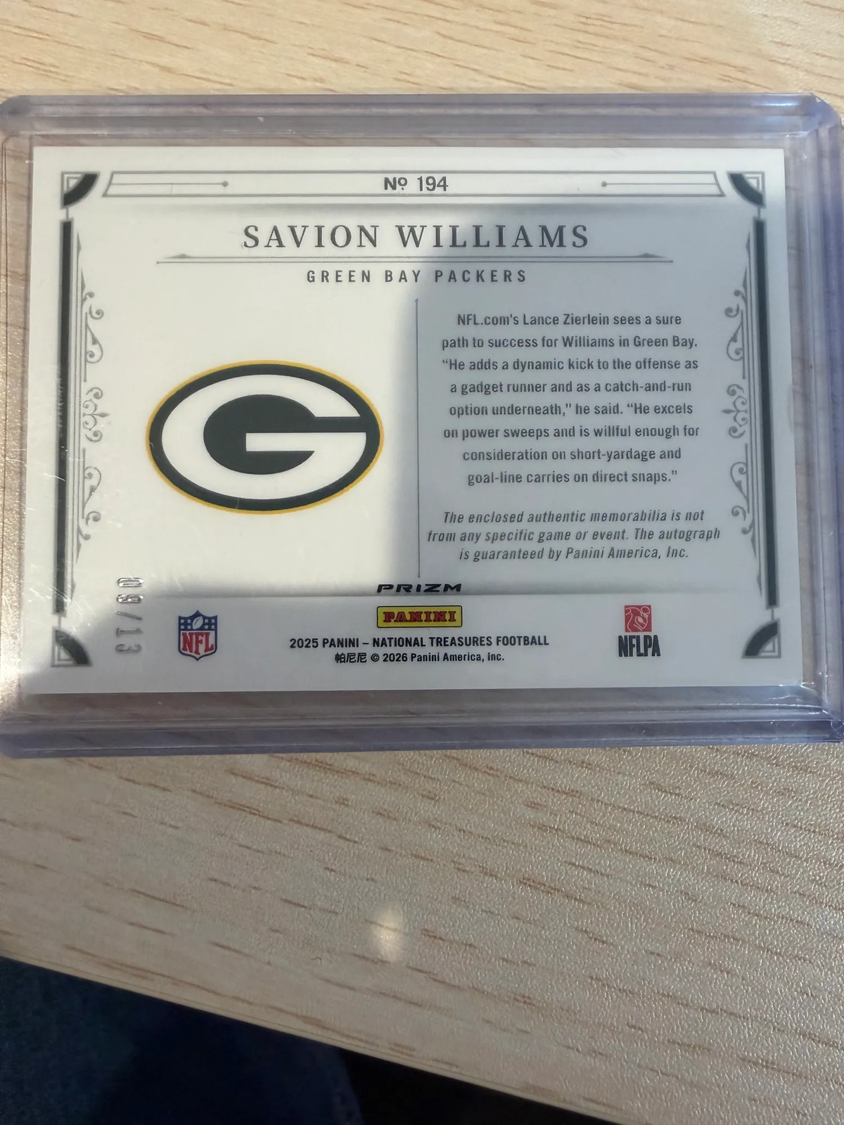 2025 Panini National Treasures Savion Williams Stars and Stripes /13 Patch RC