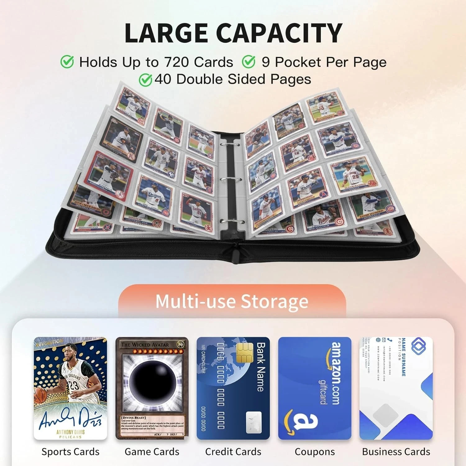 Trading Card Binder, Premium 9 Pocket 720 Double Sided Pocket Collection Binder