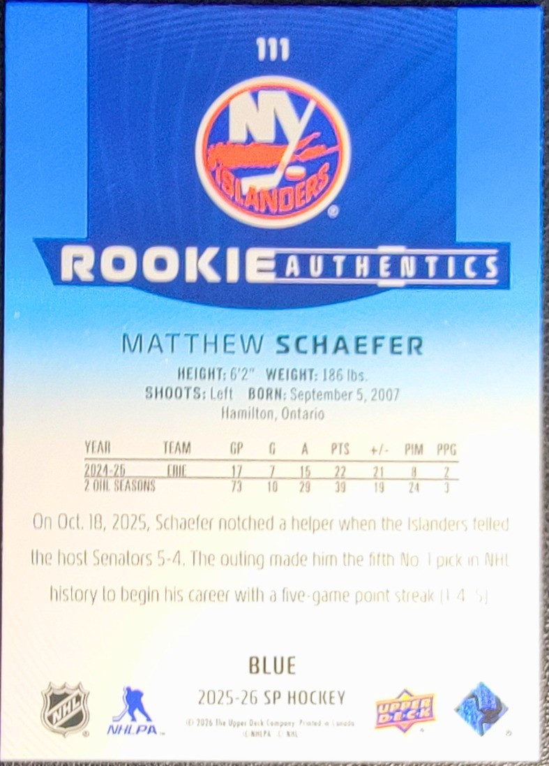 2025-26 Sp – Rookie Authentics Matthew Schaefer #111 Blue (RC)