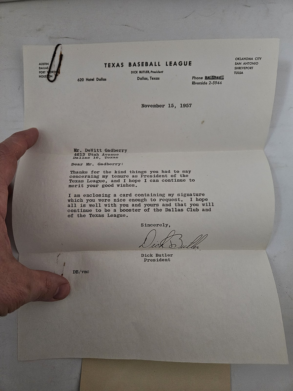 Texas Baseball League Letter Signed 1957