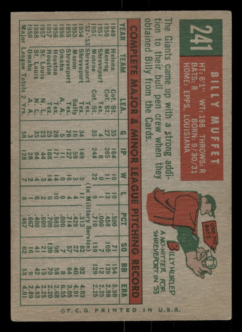 1959 Topps Baseball Card #241 Billy Muffett San Francisco Giants