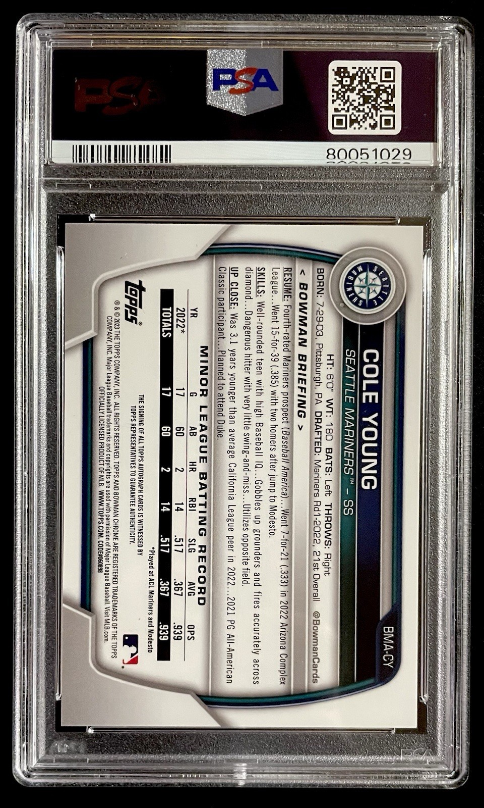 Cole Young 2023 Bowman Chrome Mega Box Auto Prospect PSA 10 #BMA-CY Mariners