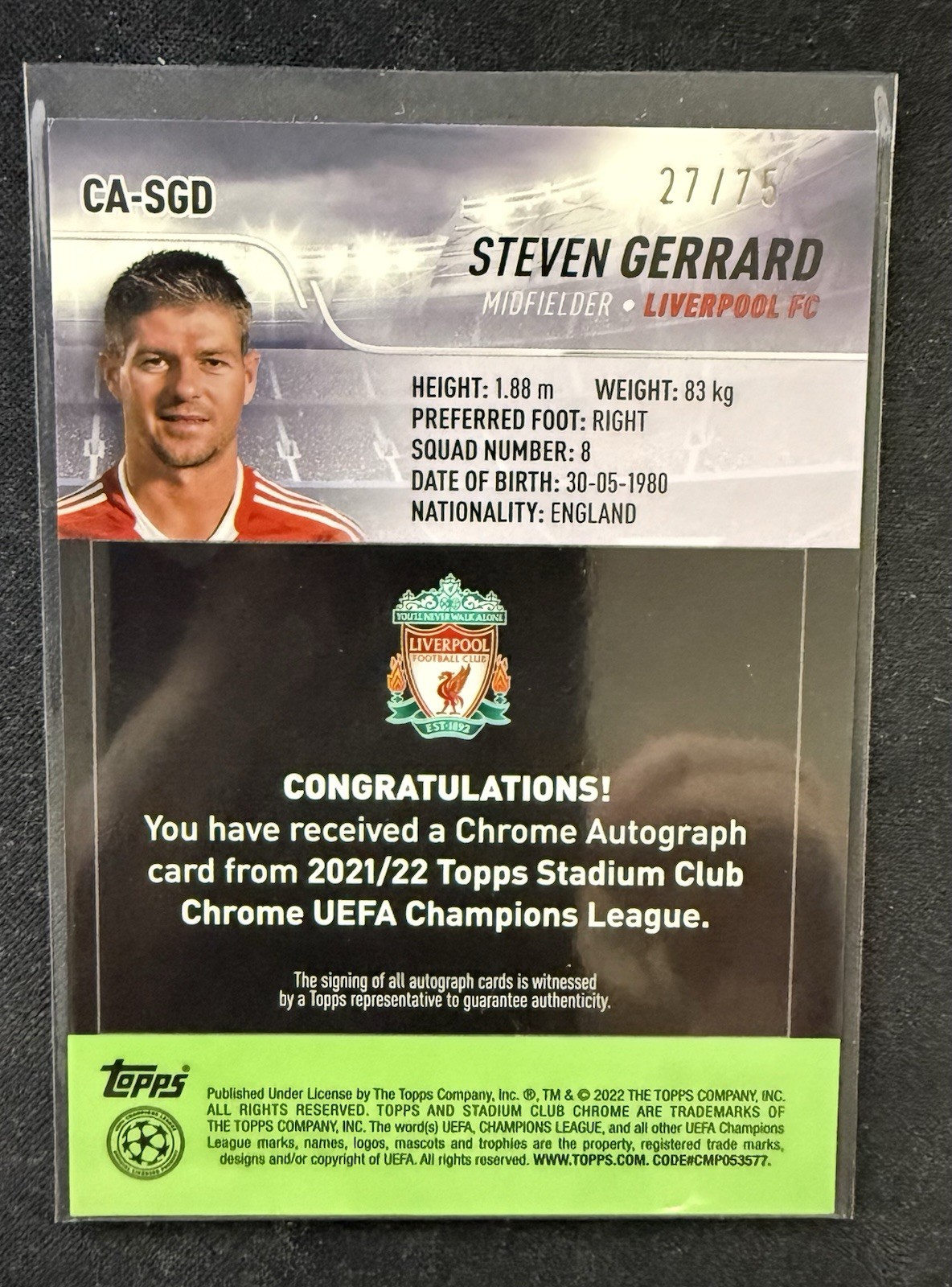 2021-22 Topps Stadium Club Chrome UCL Chrome Autographs Steven Gerrard Blue /75