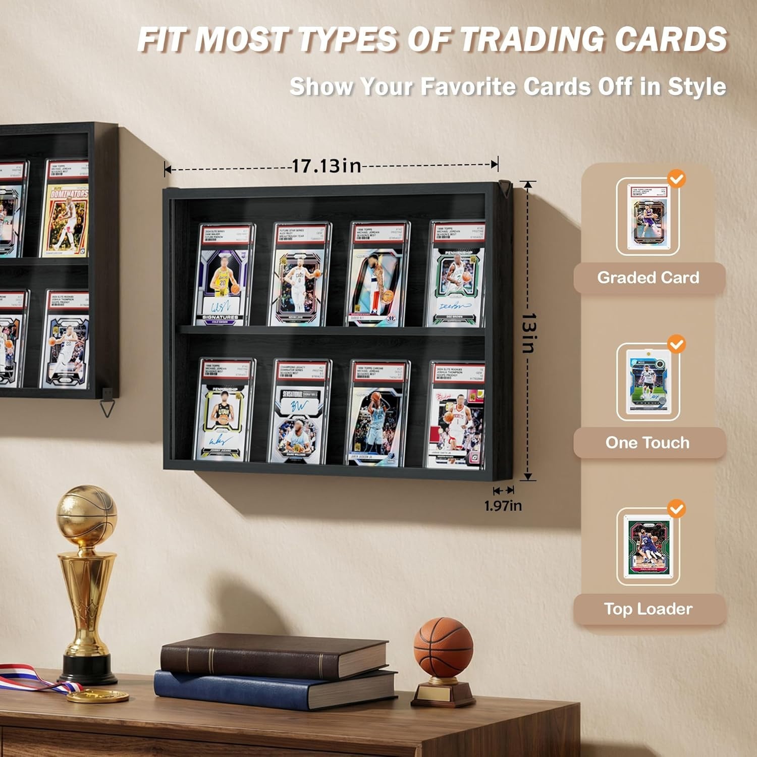 3-Pack Black Wooden Trading Card Display Cases with Acrylic Front for Wall Mount