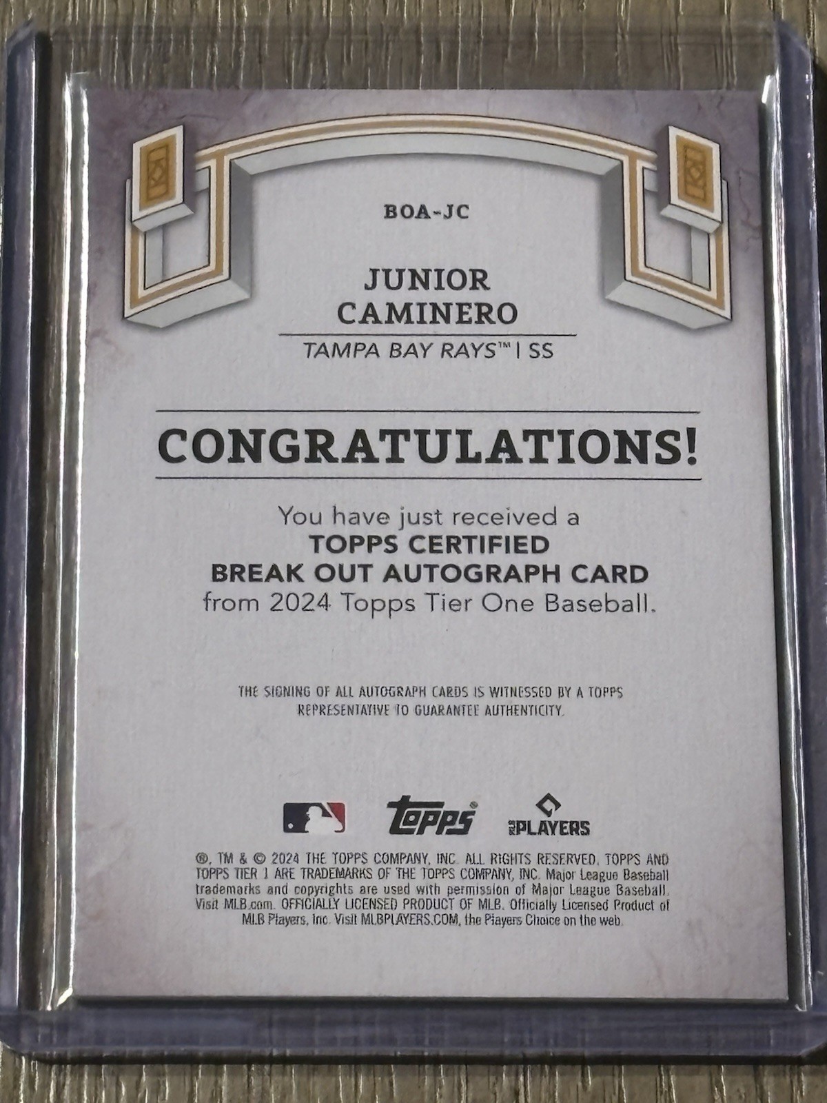2024 Topps Tier One – Breakout Autographs Junior Caminero #BOA-JC Green Foil /49