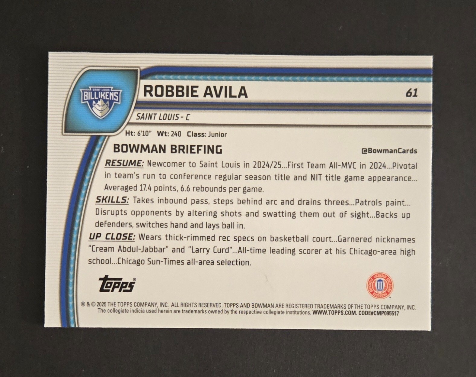 2024-25 Bowman Chrome University 1st Bowman Card #61 Robbie Avila