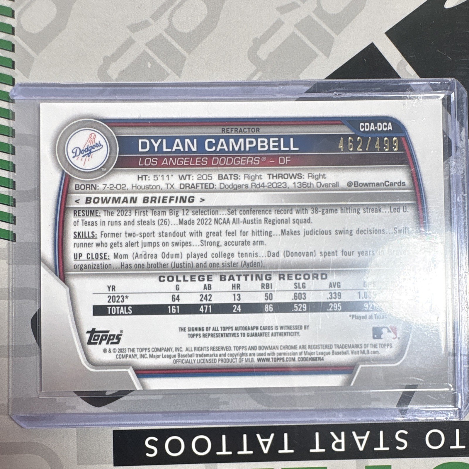 Topps 2023 Bowman Draft Dylan Campbell Dodgers Auto Refractor RC CDA-DCA /499